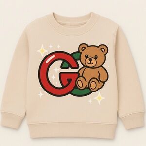 Kids Beige Graphic Sweatshirt with Bear Design